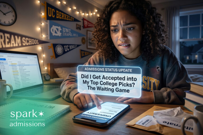 Student anxiously checking college admissions decision on a smartphone late at night