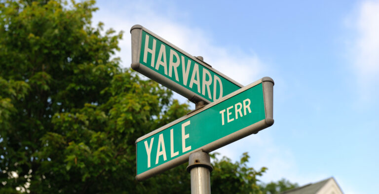 Green street signs labeled “Harvard” and “Yale” intersect on a post against a backdrop of blue sky and trees