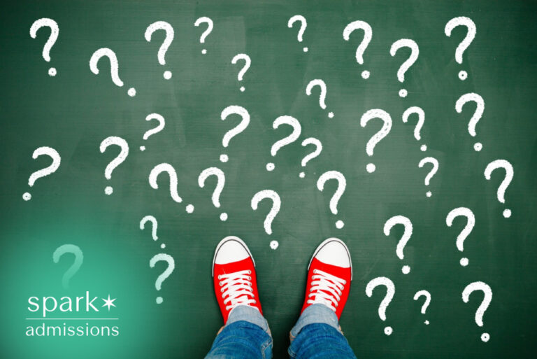 Student standing among question marks symbolizing uncertainty and decision-making