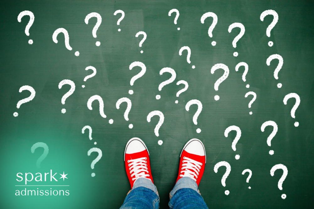 Student standing among question marks symbolizing uncertainty and decision-making