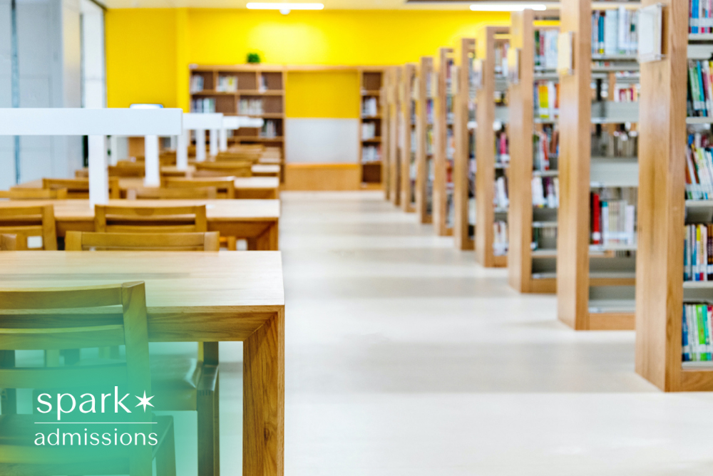 Modern university library with study tables, bookshelves, and a quiet learning space for college students.