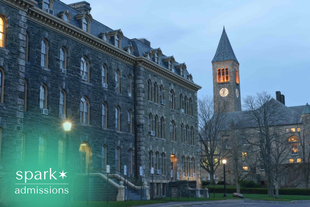 Historic university campus with a stone academic building and illuminated clock tower at dusk under a blue evening sky.