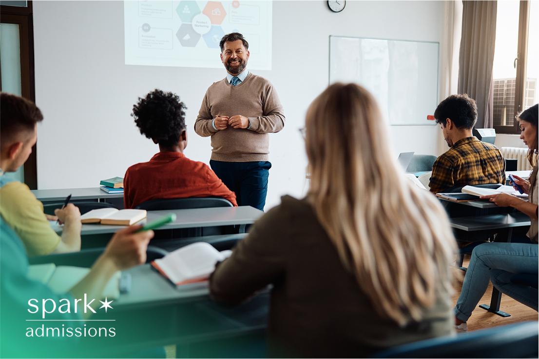 Teacher presenting to students in a classroom with a marketing diagram on the screen