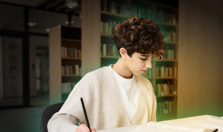 A student with short curly hair studying alone at a desk in a library