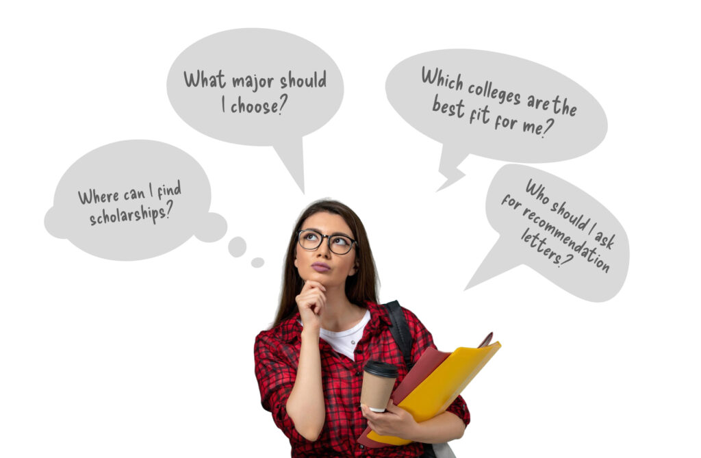 Student holding coffee and folders, thinking with question bubbles about majors, scholarships, and recommendations
