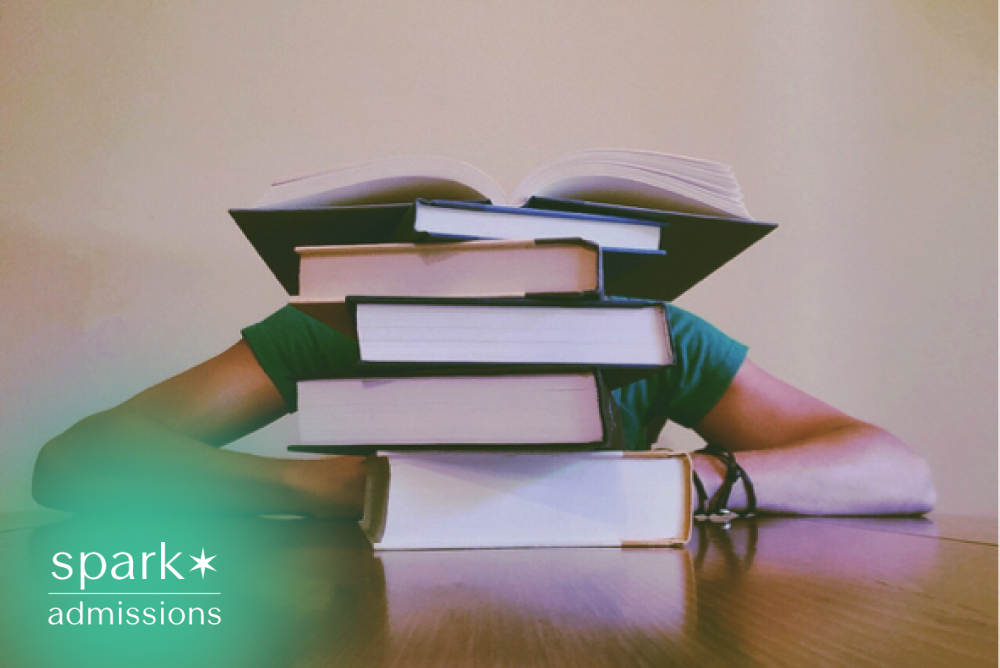 Student hidden behind a tall stack of textbooks, showing academic stress and heavy workload.