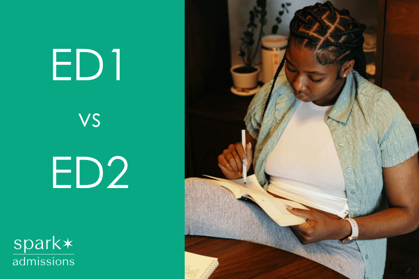 Student studying with book labeled ED1 vs ED2