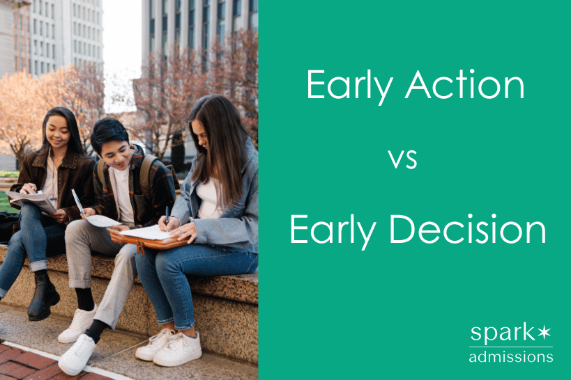 Students writing college application with Early Action vs Early Decision text