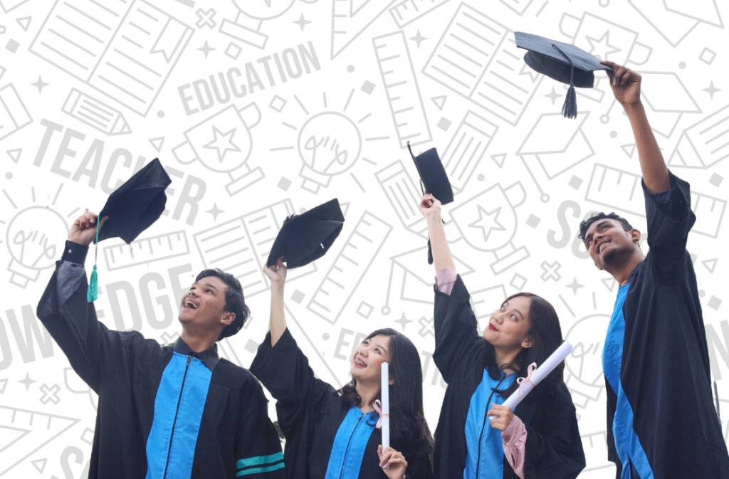 Four happy graduates wearing caps and gowns raising their diplomas and caps in celebration against a patterned education-themed background