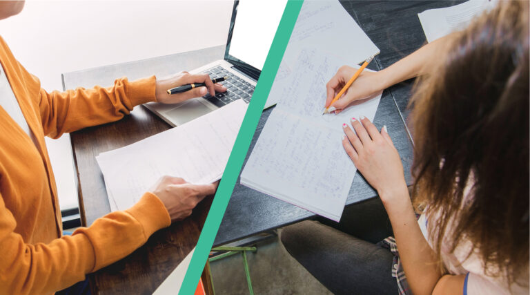 Two students studying, one using a laptop and taking notes, the other writing in a notebook