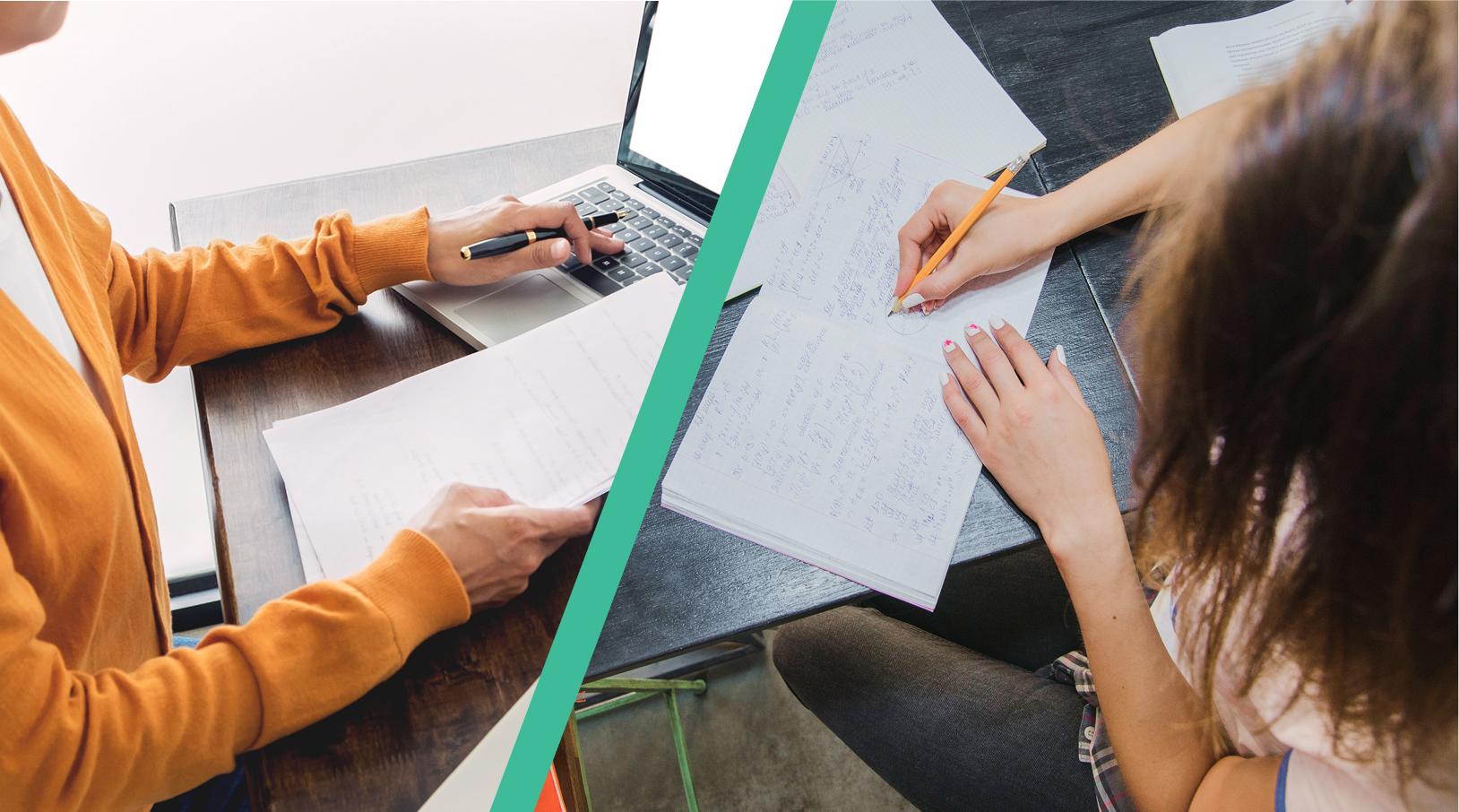 Two students studying, one using a laptop and taking notes, the other writing in a notebook