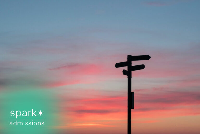 Silhouette of a directional signpost against a colorful sunset sky, symbolizing important life choices, college decisions, career planning, and choosing the right academic path.