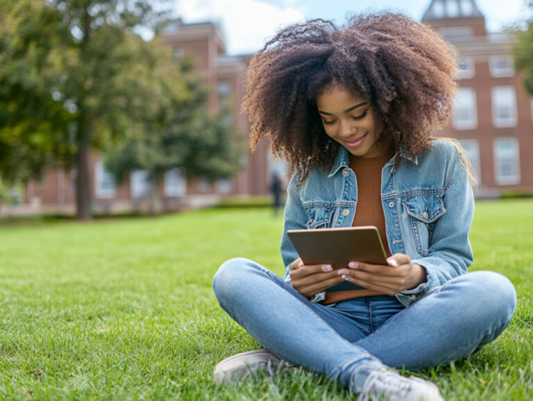 Smiling student with curly hair sitting cross-legged on a college campus lawn, looking at a tablet