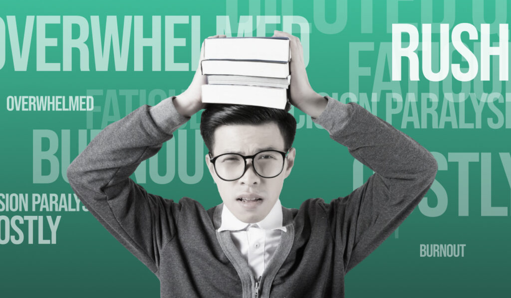 A student looks overwhelmed while balancing books on their head, surrounded by stress-related words like "burnout," "rush," and "overwhelmed."