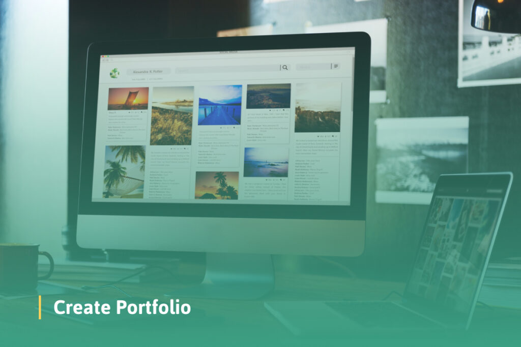 Desktop monitor displaying a portfolio on the screen, showcasing various images and design projects arranged in a clean, organized layout