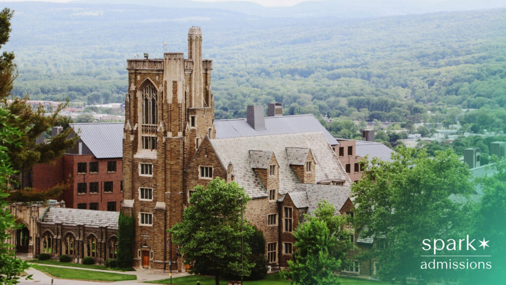 A tall, Gothic-style stone building sits on a leafy college campus with mountain views behind