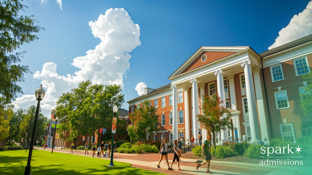 Students walk past a red-brick academic building with white columns on a sunny day