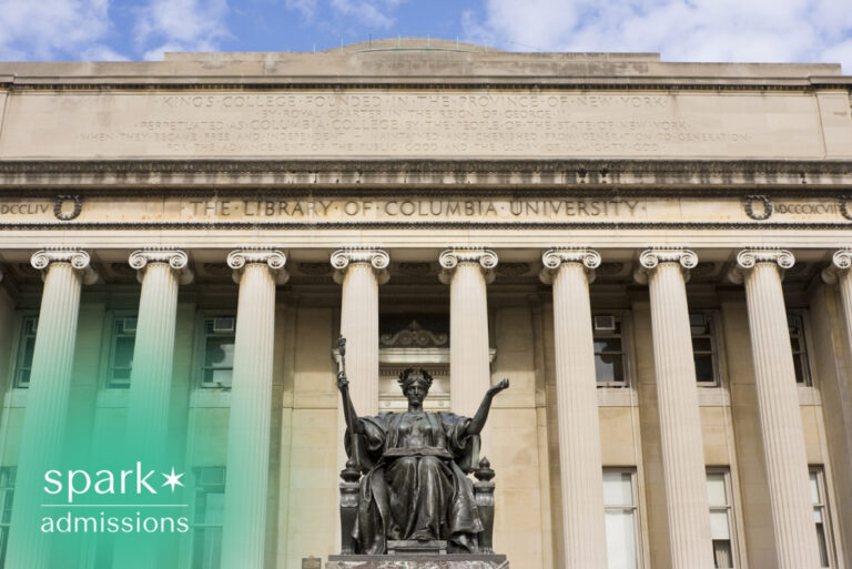 Low-angle view of Columbia University’s Low Library with its iconic columns and Alma Mater statue on the New York City campus.