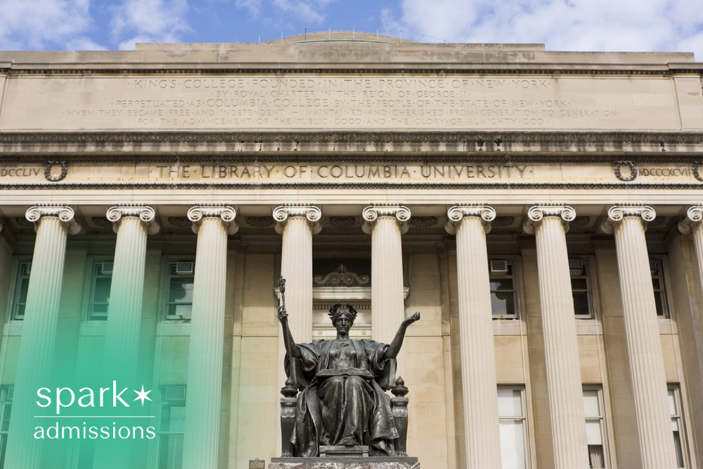 Low-angle view of Columbia University’s Low Library with its iconic columns and Alma Mater statue on the New York City campus.