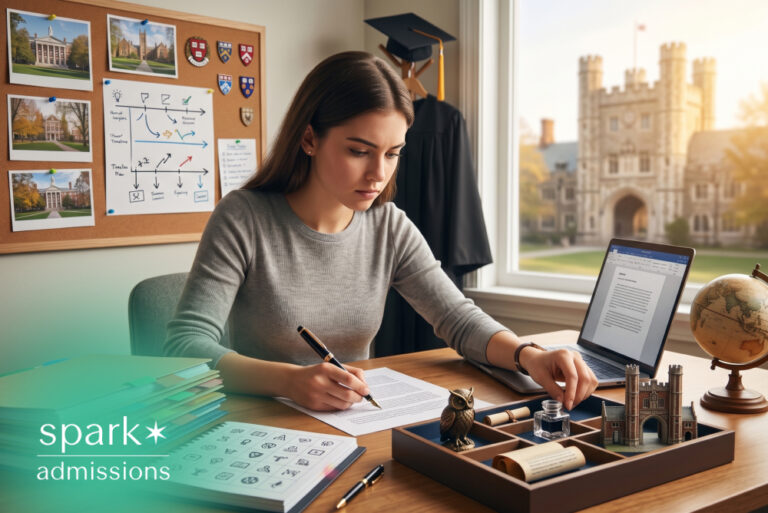 High school student writing a college application essay at a desk with university planning materials, a laptop, and admissions resources.