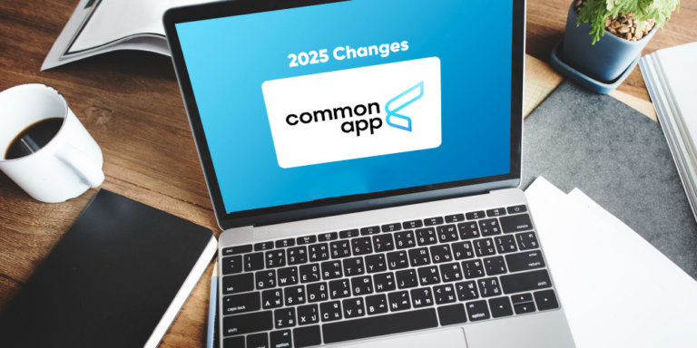 A laptop on a wooden desk displays the Common App logo and headline about 2025 application changes