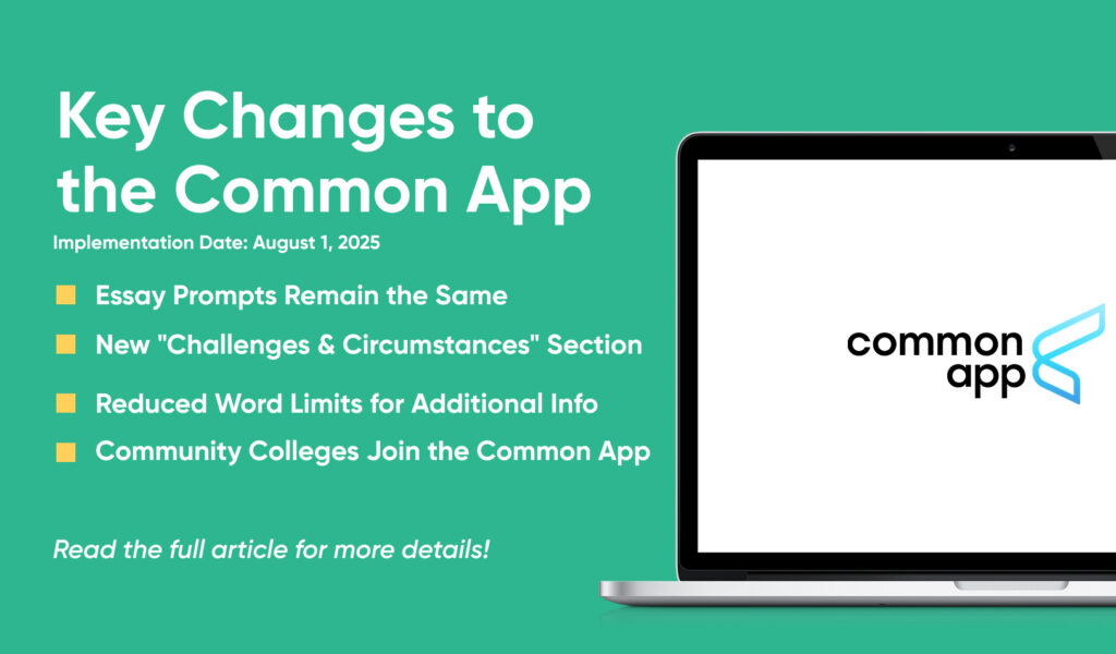 A graphic outlines upcoming Common App changes, including new sections and word limit reductions