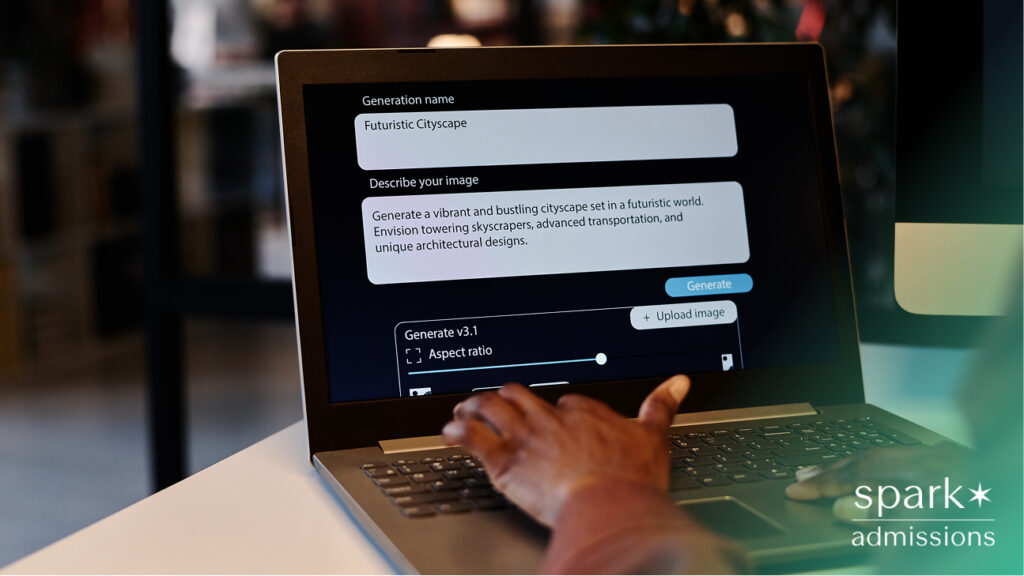 A laptop displays a text prompt for generating a futuristic cityscape using AI software