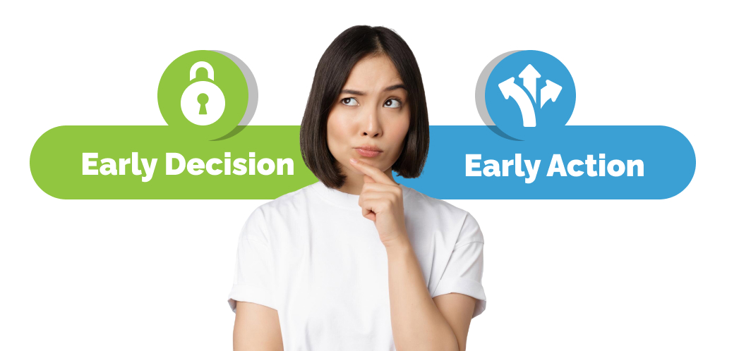 Confused student choosing between early decision and early action, with visual icons above her