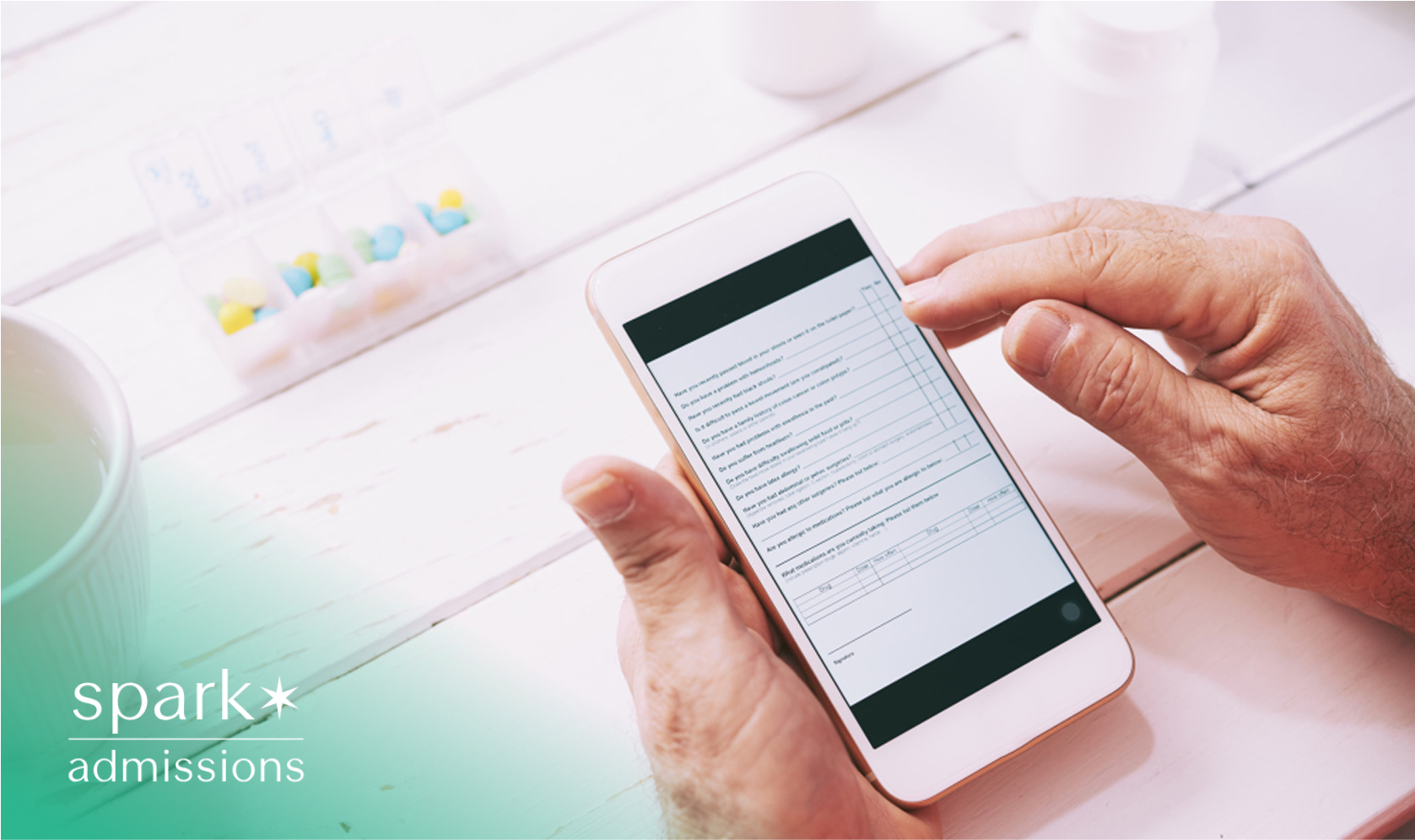 A person filling out a digital form on a smartphone next to a pill organizer