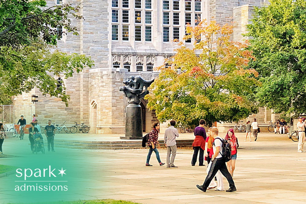 Students walking across a university campus near a historic building