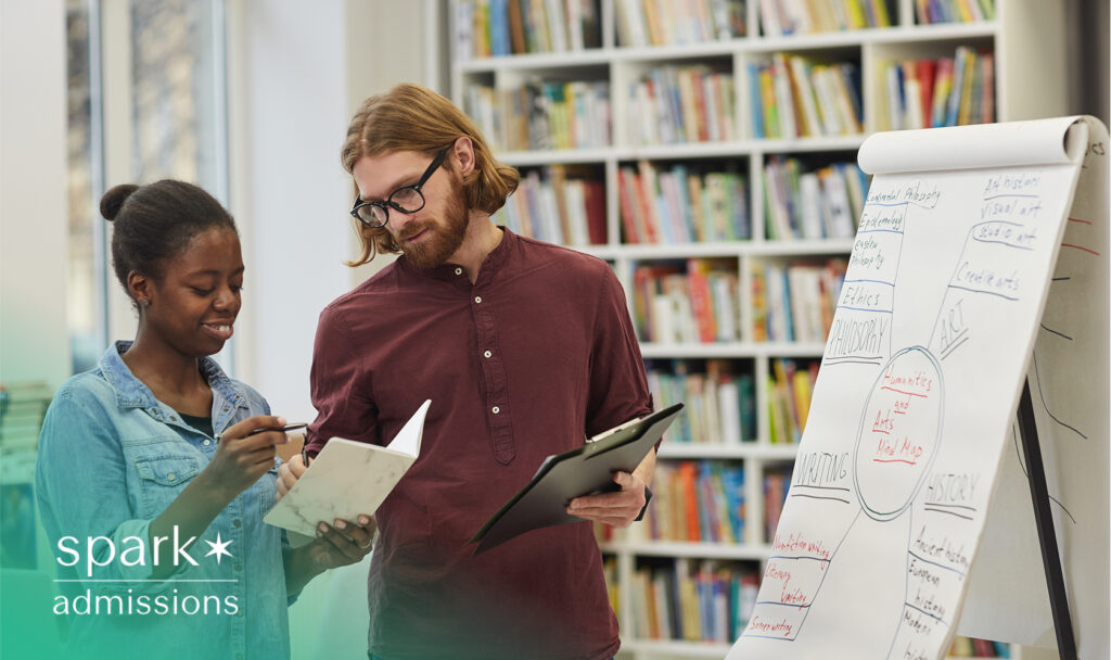Teacher and student meeting with white paper in a library with a whiteboard mind map in the background