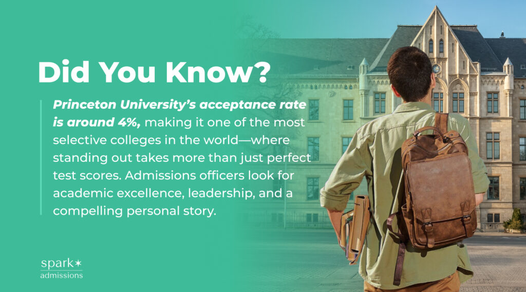 Graphic showing Princeton’s low acceptance rate with a student looking up at a college building
