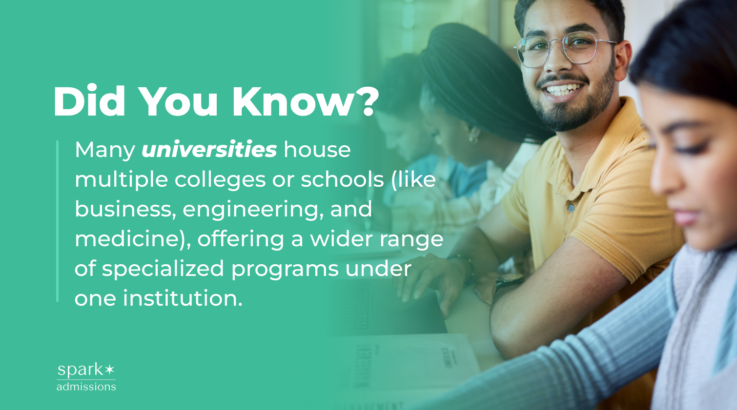 Graphic highlighting the fact about university programs with a smiling student in glasses sitting in a classroom with other students