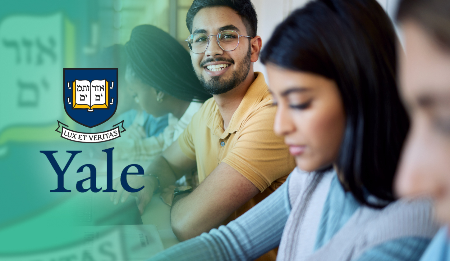 A student in a yellow shirt smiles beside a Yale logo, with classmates studying in the background