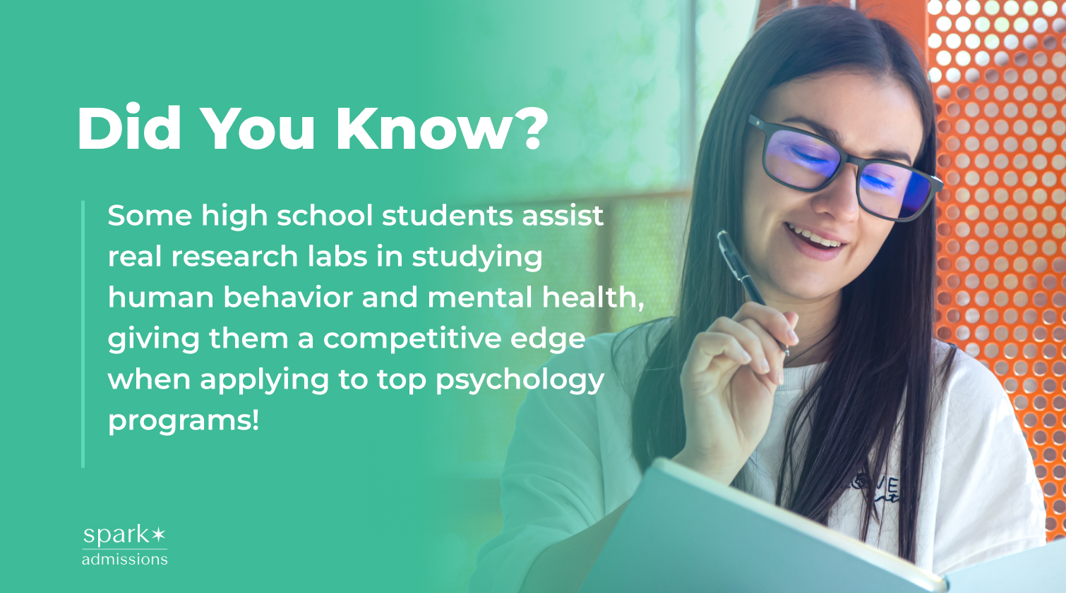 A smiling student with glasses takes notes in a journal beside a fact about psychology research