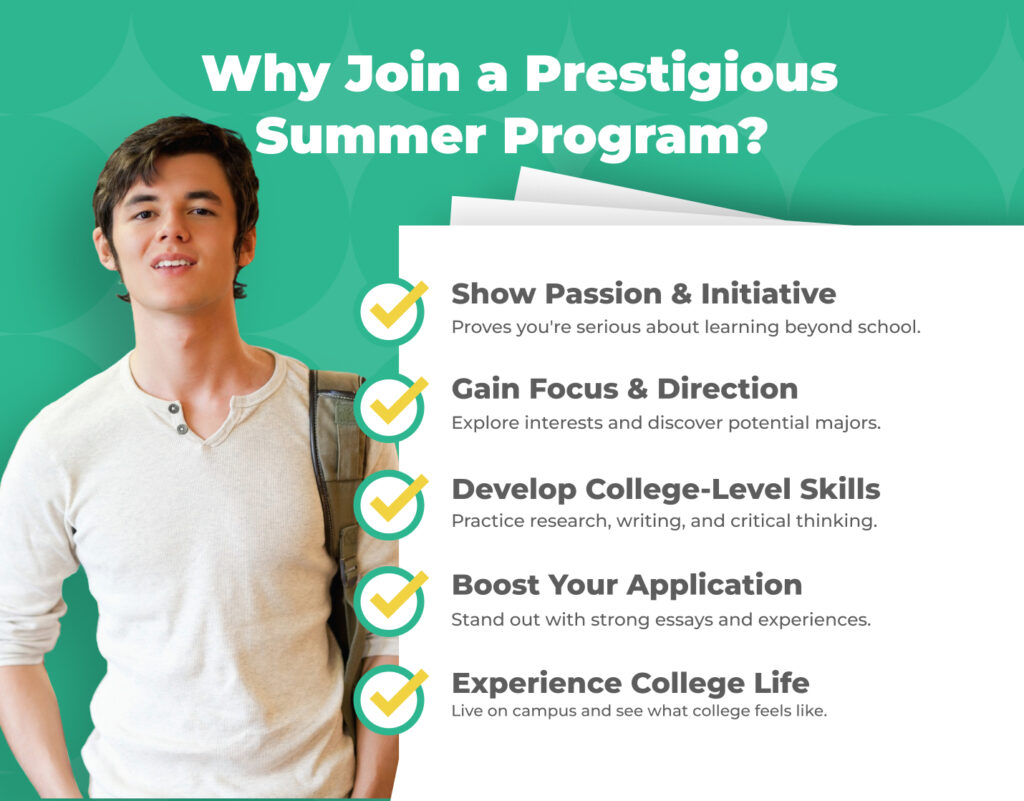 Graphic titled “Why Join a Prestigious Summer Program?” with a student and a list of five benefits