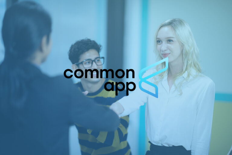 A student shakes hands with someone, with the Common App logo over the image