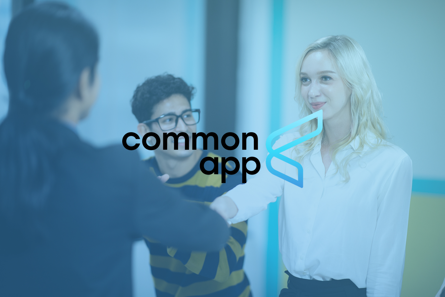 A student shakes hands with someone, with the Common App logo over the image