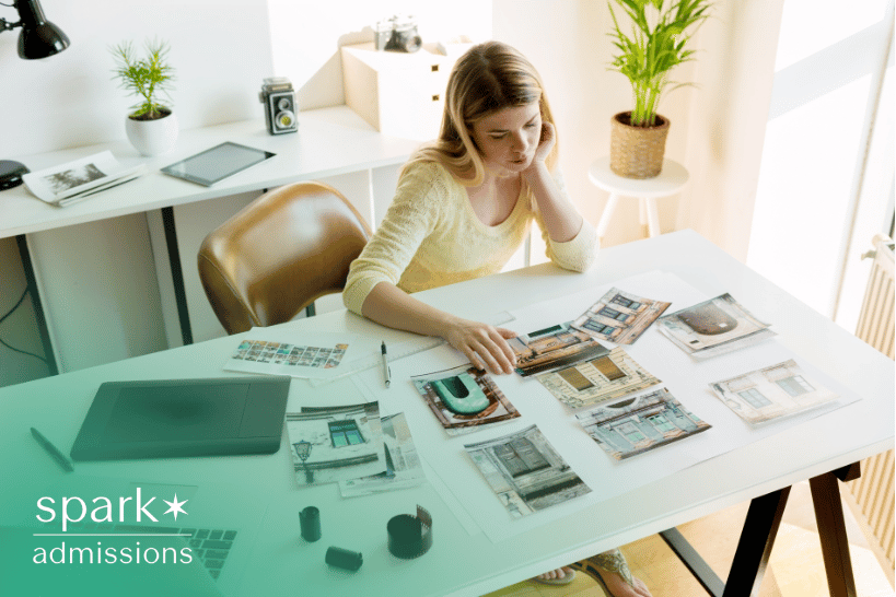 Woman reviewing photography collection for art portfolio requirements