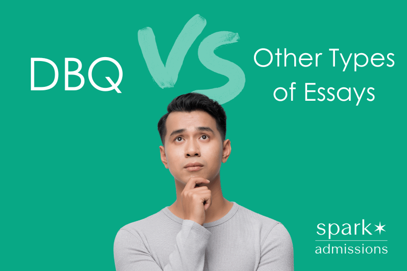 Male student thinking and looking up at “DBQ vs Other Types of Essays” text