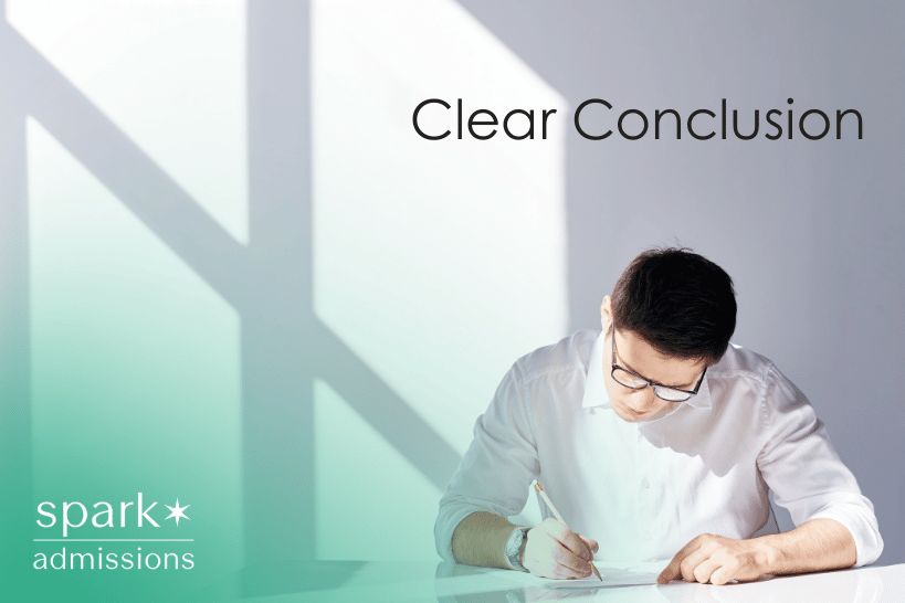 Male student in white shirt with “Clear Conclusion” text above