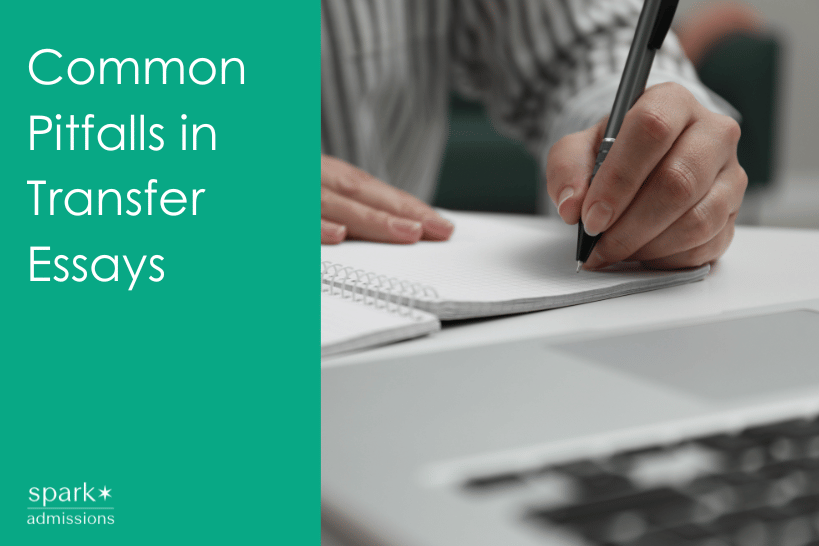 Student writing notes on a notebook with laptop open and “Common Pitfalls in Transfer Essays” text visible