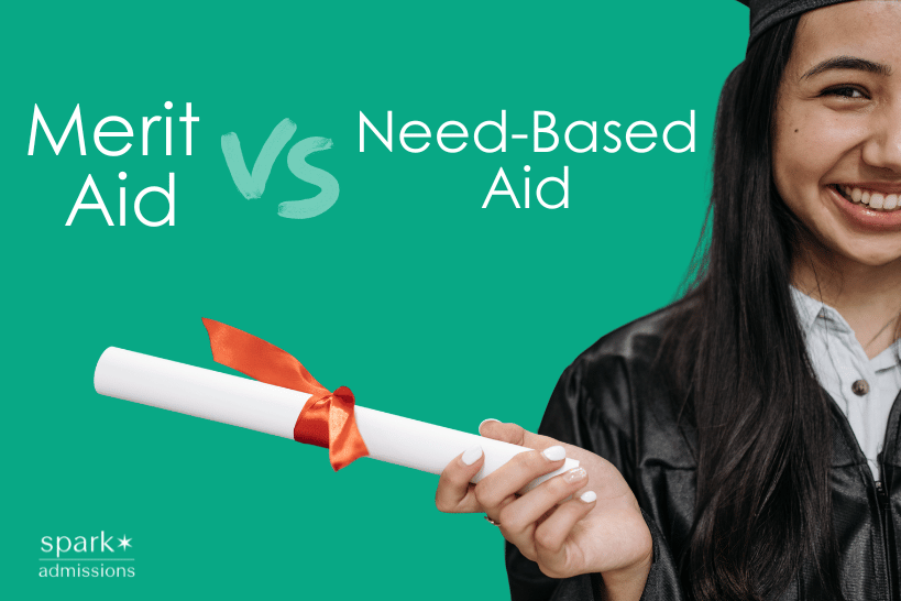 Graduate student with text comparing merit aid and need-based aid