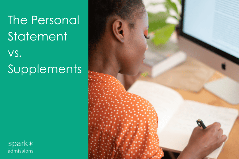 Student writing college essay with text about personal statement and supplements
