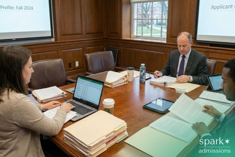 College admissions committee reviewing applicant academic records.
