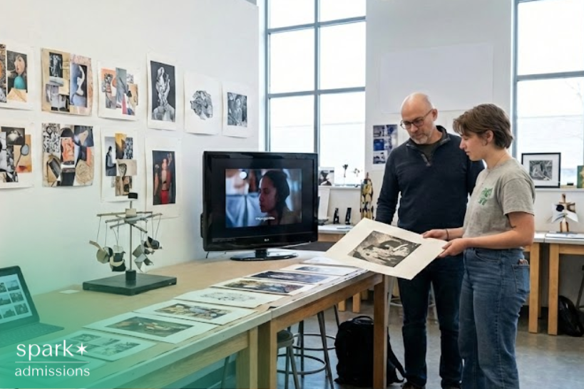 College admissions faculty reviewing student art portfolios.