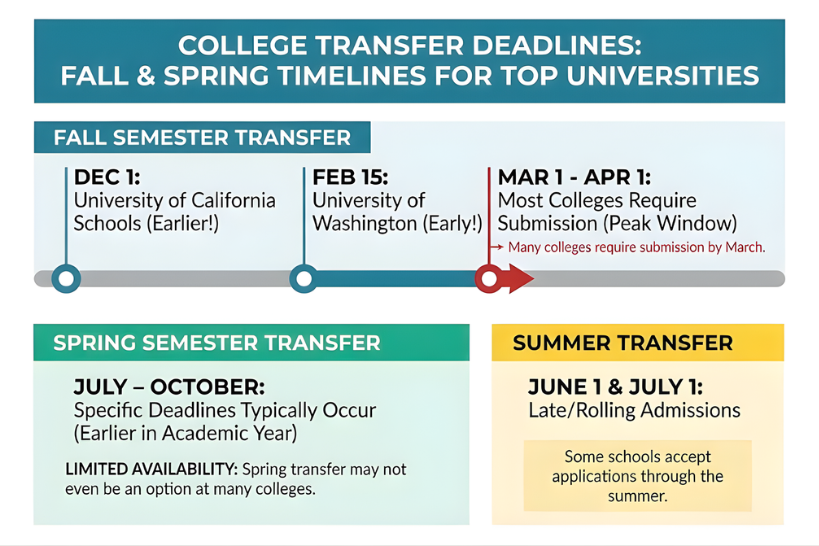 College transfer deadlines for fall and spring for top universities.