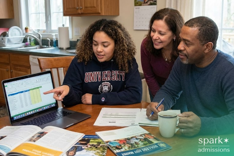 Female college student reviewing undergraduate business schools with her family using a laptop