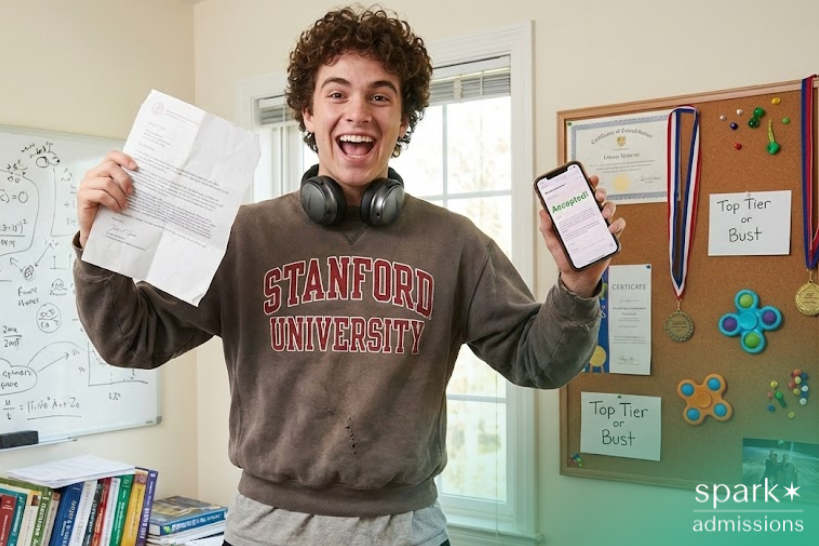 High-achieving student with ADHD celebrating college acceptance.
