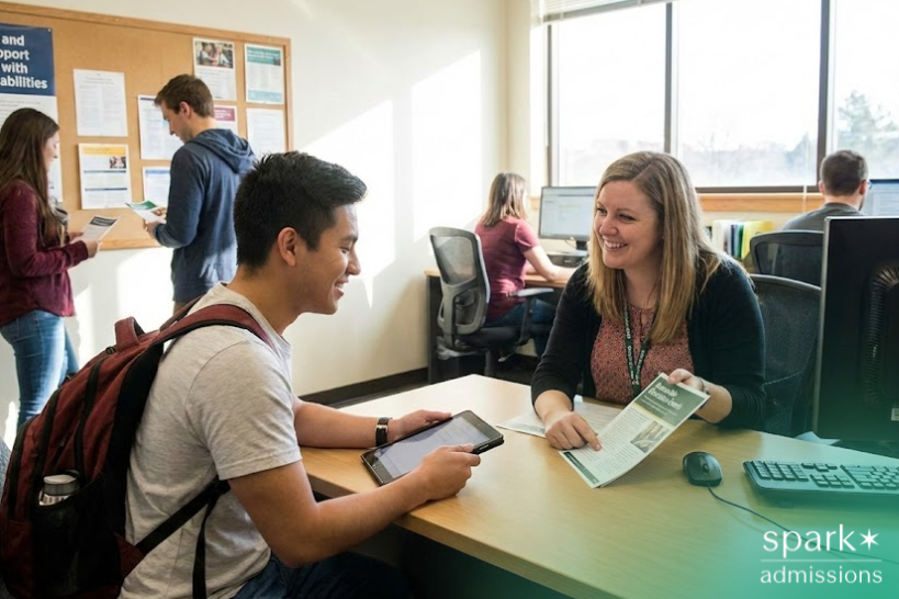 Male college student speaking with a female college admissions officer about scholarships and financial support options.